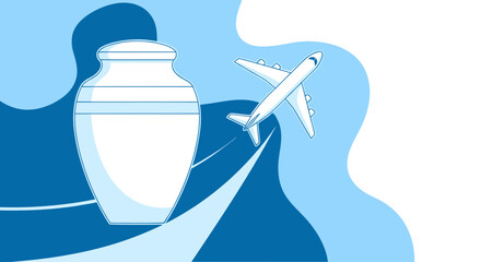 Cremation urn with airplane flying above blue  2d vector abstract design