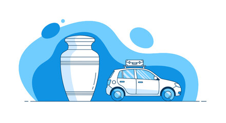 Cremation urn  beside car in minimalist vector style  