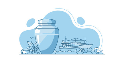 Ship delivery of cremation urn in blue illustration  