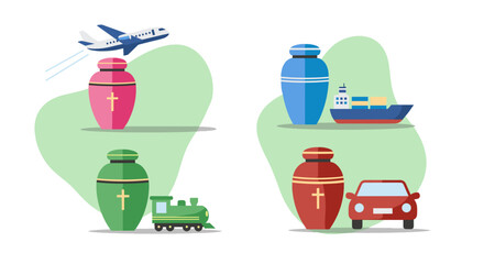 Four icons of mortuary urn transportation. Illustrations with transport symbols representing travel options.  Urn transport image for memorial service announcements.