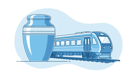 train transportation of cremation urn in light blue minimalist illustration  - infographic style