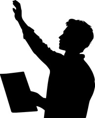 Silhouette of Man Giving Presentation with Raised Hand and Laptop – Vector Illustration