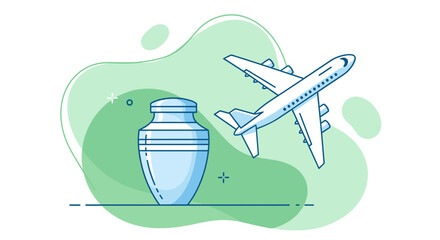 Cremation urn with airplane icon illustration against green background for website design.  Elegant cremation urn symbolizes peaceful journey and remembrance. This simple,