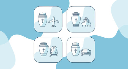 Icon symbols of cremation service with urns and transportation icons  