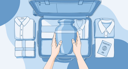 Hands placing mortuary urn into open suitcase with clothing and passport  for the  transportation
