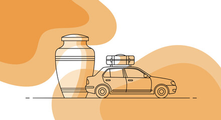 Car transportation of cremation urn infographic illustration. Car carrying cremation urn on roof luggage rack.  Simple graphic design showing car journey for funeral service.