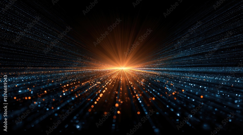 Poster abstract image of a radiant light source at the center, emanating bright rays and numerous particles
