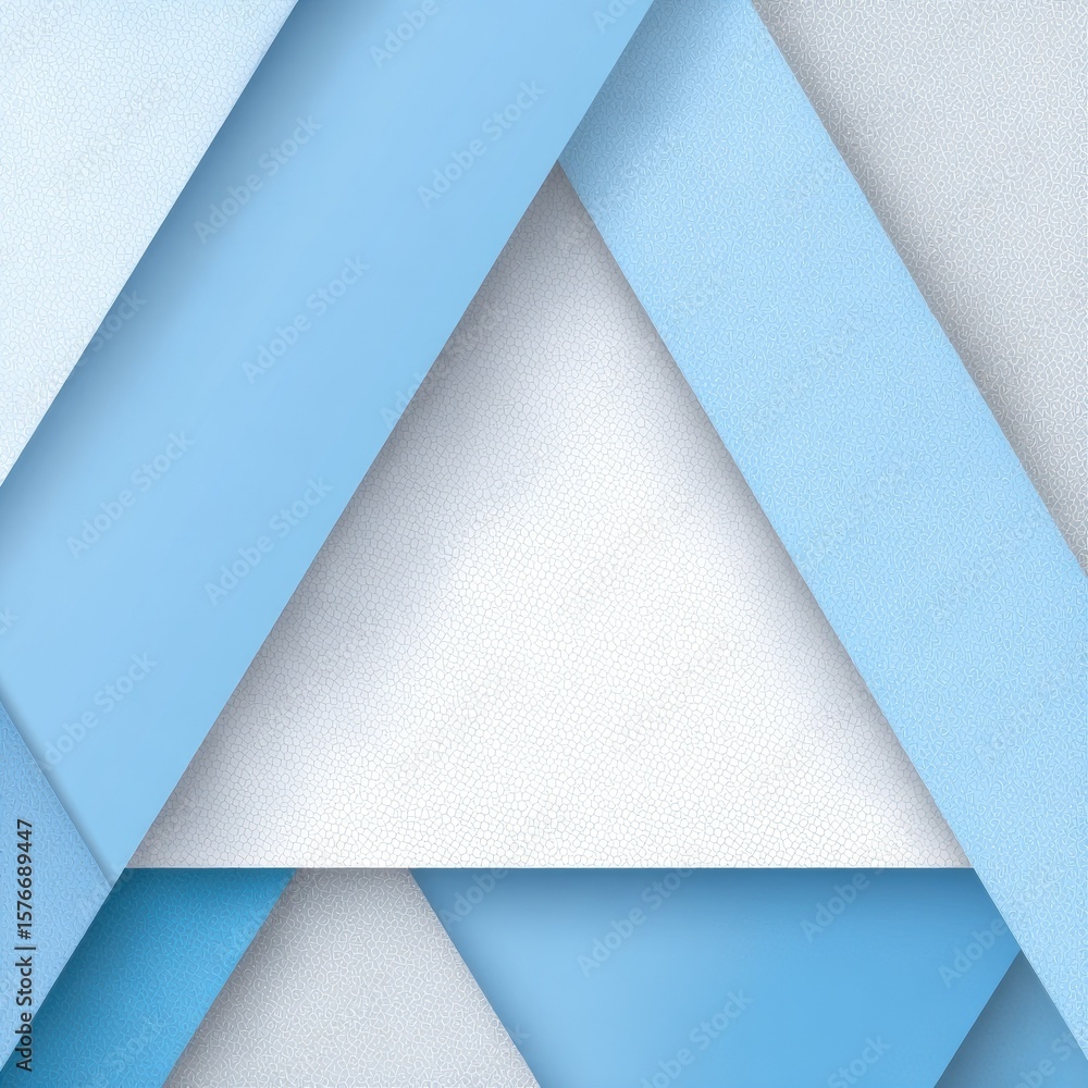 Poster abstract geometric design featuring overlapping layers of light and dark blue and white, creating a 