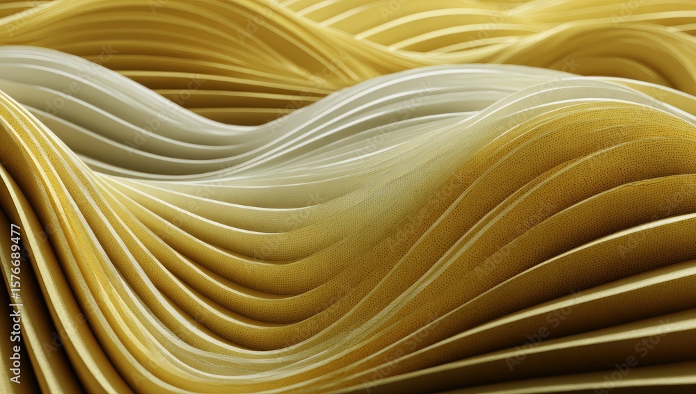Poster abstract image of undulating, layered, golden and off-white shapes creating a wave-like pattern
