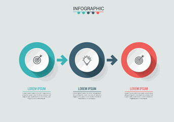 Modern infographic vector template illustrating a three-step process from strategy to idea and final goal achievement.