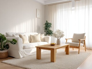 A bright, minimalist living room features a white sofa, light wood coffee table, and armchair, all set against a neutral backdrop and complemented by potted plants and sheer curtains