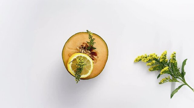 cantaloupe and lemon, floral fruit arrangement, vibrant fruit display, charming melon and flowers, stunning citrus bouquet, joyful fruit and floral, graceful flower accents, captivating cantaloupe det