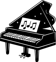 Grand Piano with Musical Notes in Black and White Vector Style