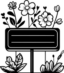 Blank Garden Signboard with Decorative Flowers in Black and White Vector
