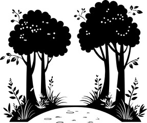 Black and White Vector Forest Scene with Trees and Grass