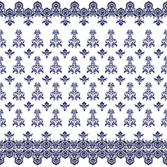 Elegant Navy Blue Damask Seamless Pattern, White Lace Border Print