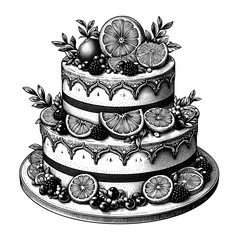 Three-tiered fruit cake decorated with lemon and orange slices  black and white  sketch