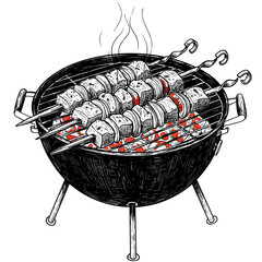 Grilled kebabs cooking on barbecue with smoke and skewers. Delicious grilled kebabs cooking on charcoal barbecue with smoke.