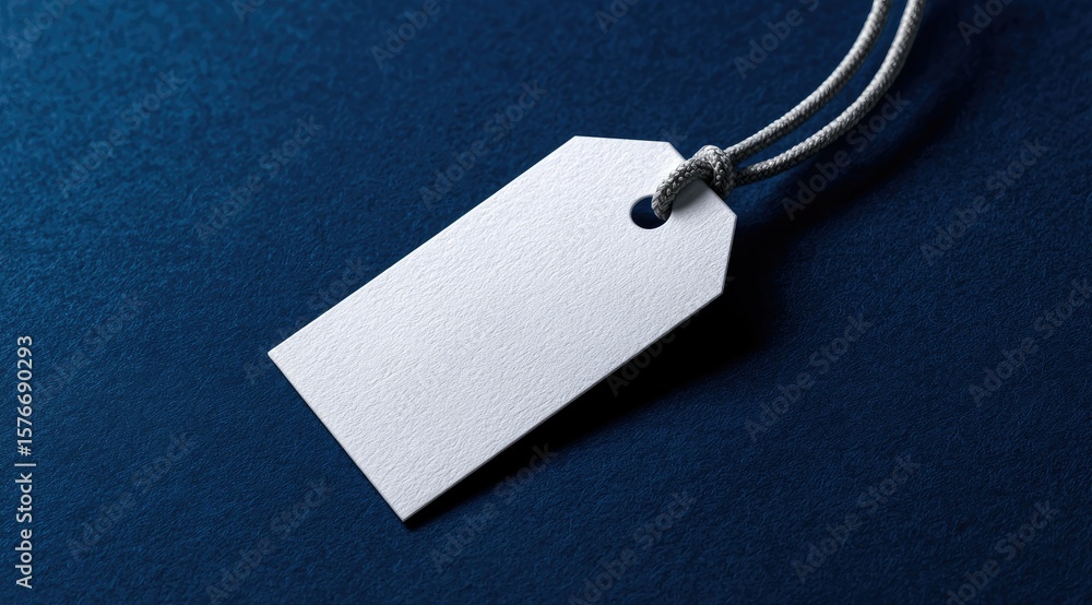 Poster a blank white rectangular tag with a hole and grey string lies on a dark blue textured surface