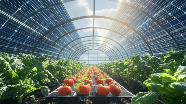 Solar panels provide energy above a greenhouse growing food crops