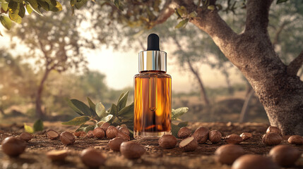A bottle of pure argan oil with a backdrop of natural argan tree groves and fresh argan nuts, showcasing the purity and premium quality of argan oil