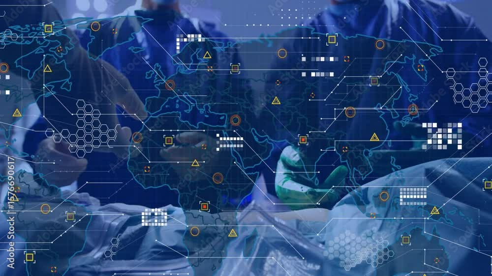 Aufkleber surgeons placing instruments causing holographic map emerging over table analyzing medical data