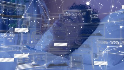 Hospital patient raising hand to temple after digital data overlay activating brain scan interface - Powered by Adobe