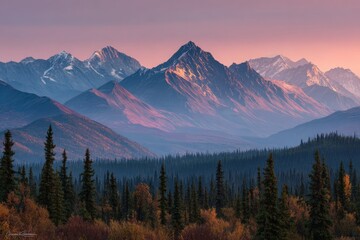Obraz premium A panoramic view of a mountain range at dawn, with a foreground of coniferous forest in autumnal colors, showing a soft, hazy light and layered mountain silhouettes against a pastel sky