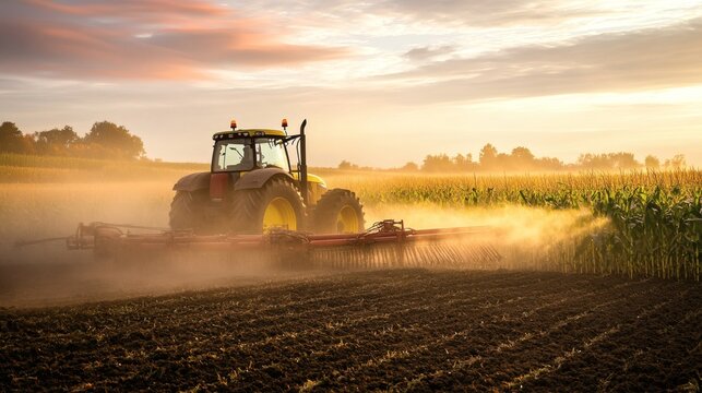 A yellow tractor plowing fields during a beautiful sunset
