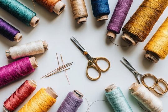 Colorful sewing threads arranged around scissors and needles on a white surface, showcasing crafting tools - Powered by Adobe