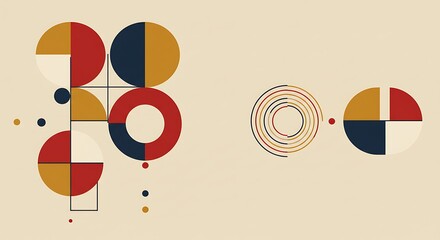 Abstract geometric design featuring circles and segments in vibrant colors, arranged in a minimalist composition.