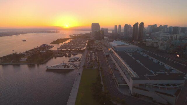 rooftop time lapse view of downtown San Diego, harbor and bay at sunset