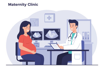 Expectant Mother in Red Shirt During Prenatal Checkup with Doctor.