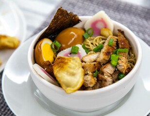 Delicious Ramen Bowl with Toppings Noodles Egg Pork and More. Lámen