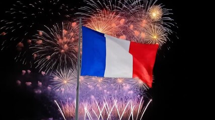 A jubilant crowd celebrates Bastille Day in France, with the French flag waving majestically against a vibrant fireworks display. - Powered by Adobe