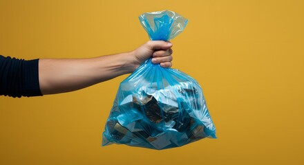holding full garbage bag. closeup. Space for text