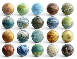 A collection of twenty diverse, spherical planets, each exhibiting unique textural surfaces and color palettes, arranged in a grid against a stark white backdrop