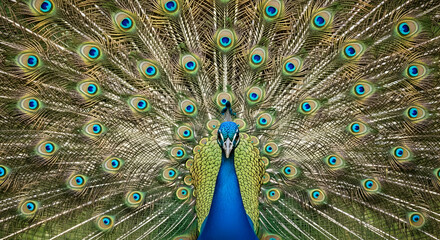Obraz premium Striking Peacock Displaying Feathers, Vivid Teal Blue and Green Exotic Bird