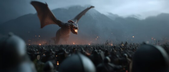 Naklejka premium Epic battle scene with massive dragon hovering above armored knight in fiery landscape
