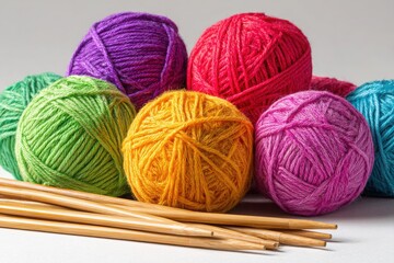 Colorful yarn balls and knitting needles arranged artistically on a neutral background