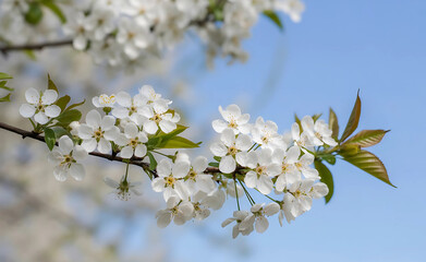 Obraz premium Springtime tree branch with delicate white blossoms in full bloom, contrasting against a clear blue sky. 
