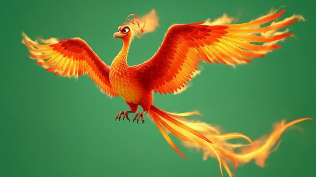 chroma key green background of a fiery fantasy phoenix bird flying with burning wings and tail.