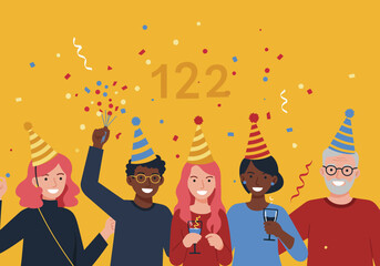 Festive Celebration Diverse Group Enjoying a Party with Confetti and Party Hats to Celebrate a Holiday or Special Occasion