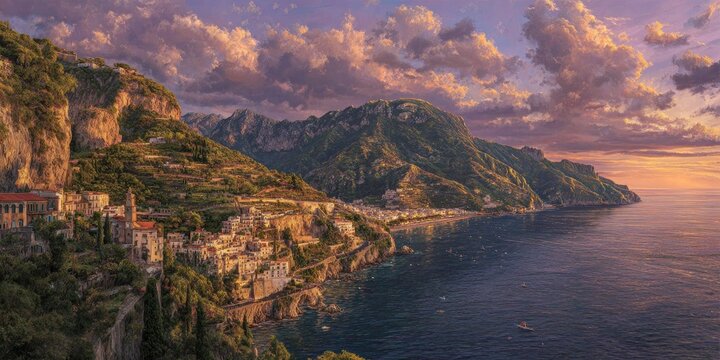Coastal town nestled in mountains at sunset (1) - Powered by Adobe