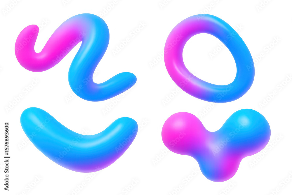 Poster four colorful abstract shapes with a transparent background are floating, creating a vibrant and mod