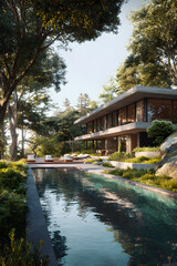 Obraz premium Luxurious Modernist Villa with Expansive Glass Facades Amidst Lush Landscape Reflecting Tranquility and Elegance