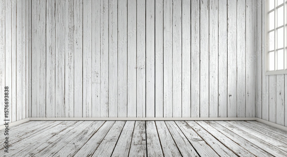 Poster a digitally rendered image shows an empty room with whitewashed wood paneling on the walls and floor
