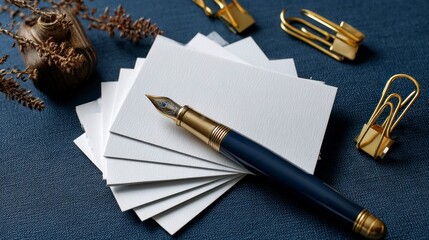 Elegant Blank Business Cards with Gold Fountain Pen on Dark Surface