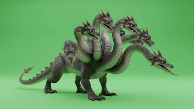 chroma key green background of a fantasy hydra, a multi-headed dragon-like monster.