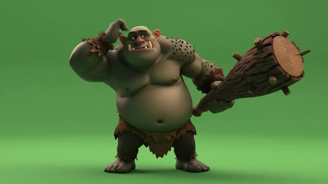 chroma key green background of a large cartoon fantasy troll with a club scratching his head.